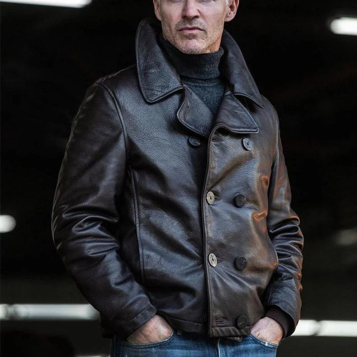 Veste En Cuir À Double Boutonnage Et À Revers Cranté Pour Hommes