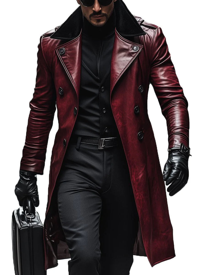 Manteau En Cuir Vintage À Double Boutonnage Et À Revers Contrasté