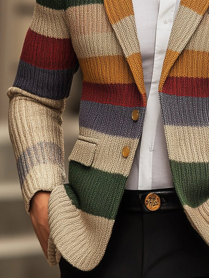 Cardigan Décontracté En Tricot À Manches Longues Et Revers Rayés Arc-en-ciel Pour Hommes