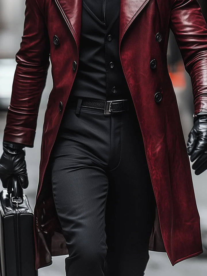 Manteau En Cuir Vintage À Double Boutonnage Et À Revers Contrasté