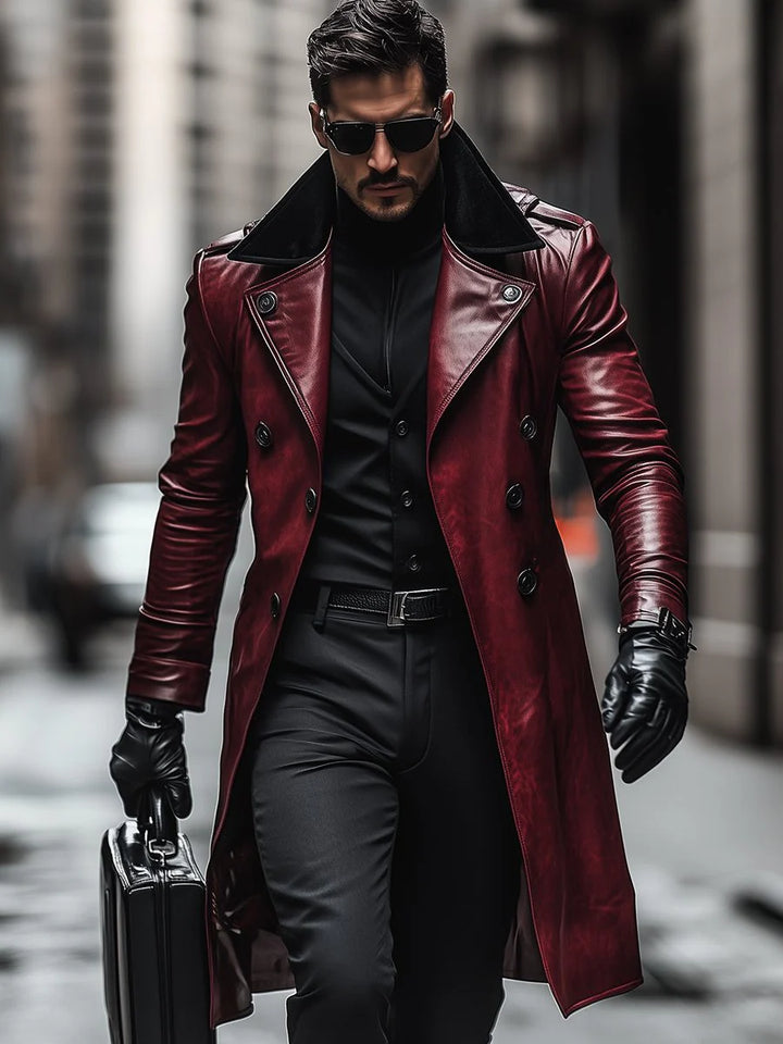 Manteau En Cuir Vintage À Double Boutonnage Et À Revers Contrasté