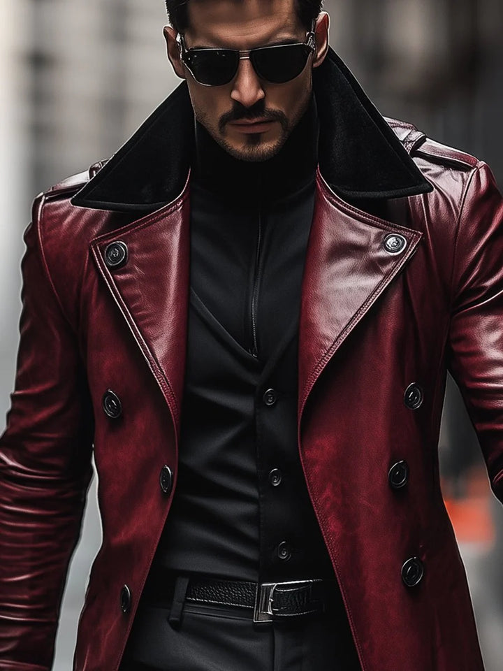 Manteau En Cuir Vintage À Double Boutonnage Et À Revers Contrasté