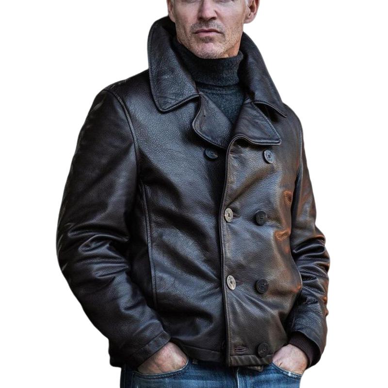 Veste En Cuir À Double Boutonnage Et À Revers Cranté Pour Hommes