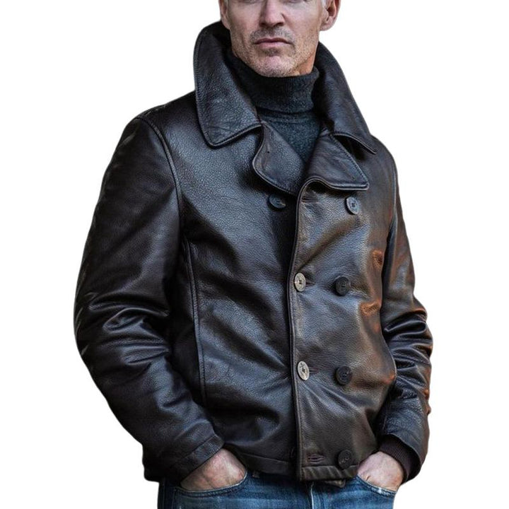 Veste En Cuir À Double Boutonnage Et À Revers Cranté Pour Hommes