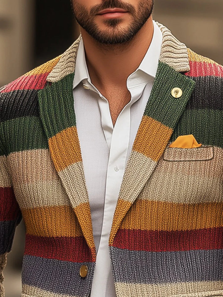Cardigan Décontracté En Tricot À Manches Longues Et Revers Rayés Arc-en-ciel Pour Hommes